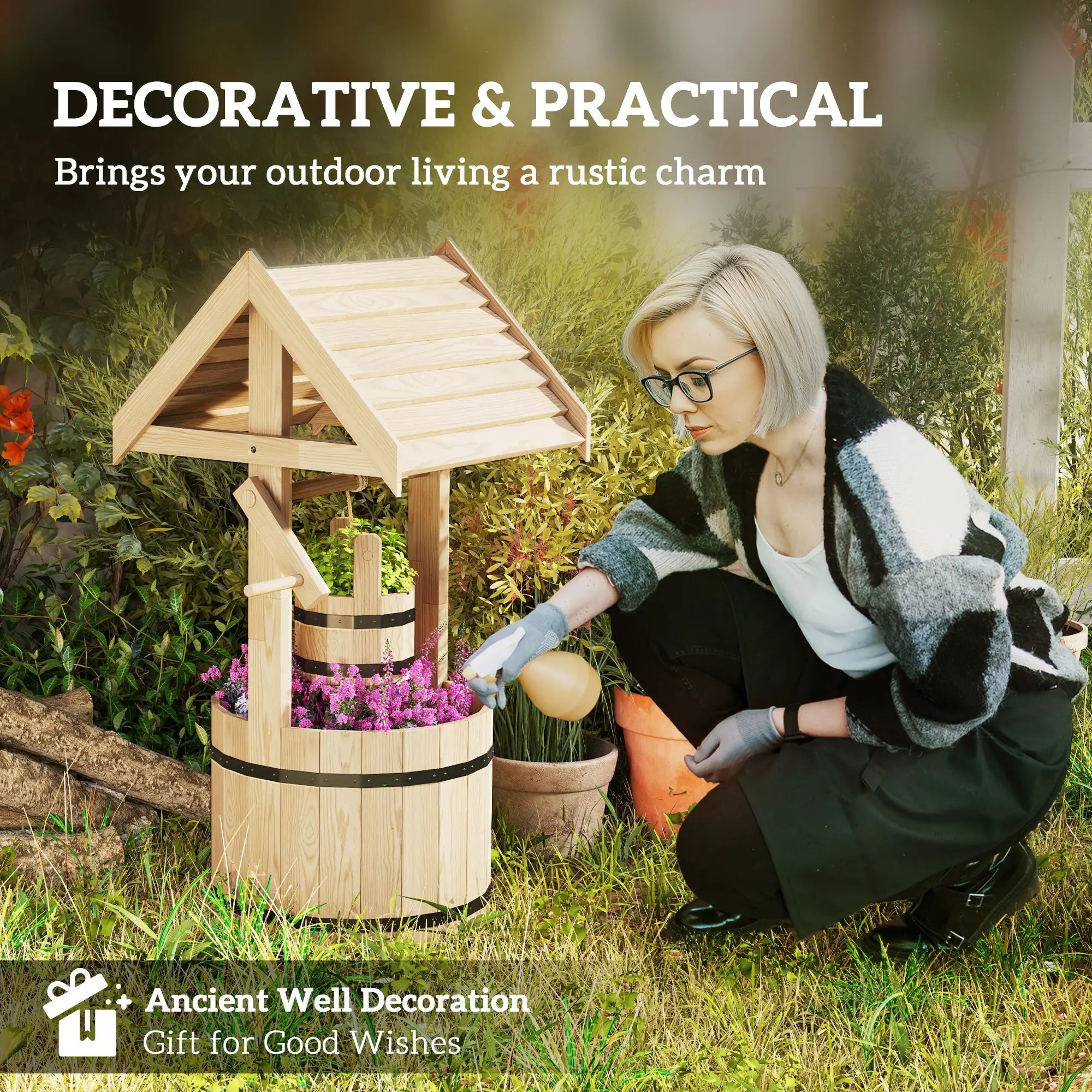 Wood Wishing Well Planter With Hanging Bucket, Natural Water Fountains at Gallery Canada