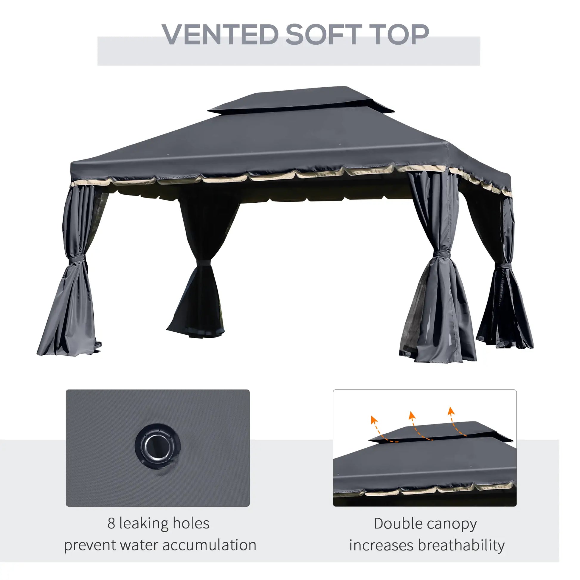 13' x 10' Outdoor Gazebo, 2-Tier Polyester Roof, Vented Mesh, Black Gazebos at Gallery Canada