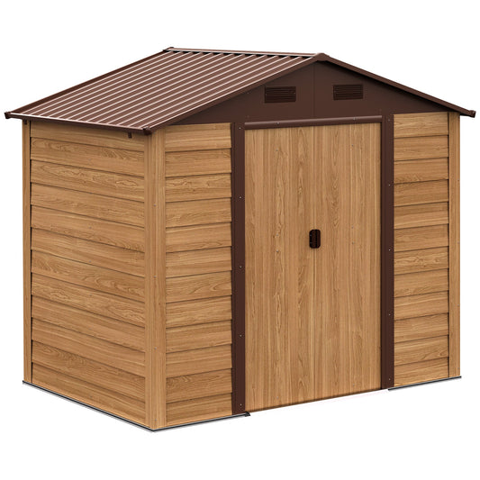 6.4' x 7.7' Outdoor Metal Garden Shed House Hut Gardening Tool Storage with Ventilation, Brown with Wood Grain - Gallery Canada