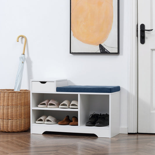 Shoe Bench with Storage, Modern Upholstered Entryway Bench with Open Shelves and Drawer for Living Room, Hallway, White - Gallery Canada