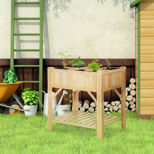 6 Pocket Raised Garden Bed, Elevated Wood Planter Box with Storage Shelf Elevated Garden Beds Natural at Gallery Canada