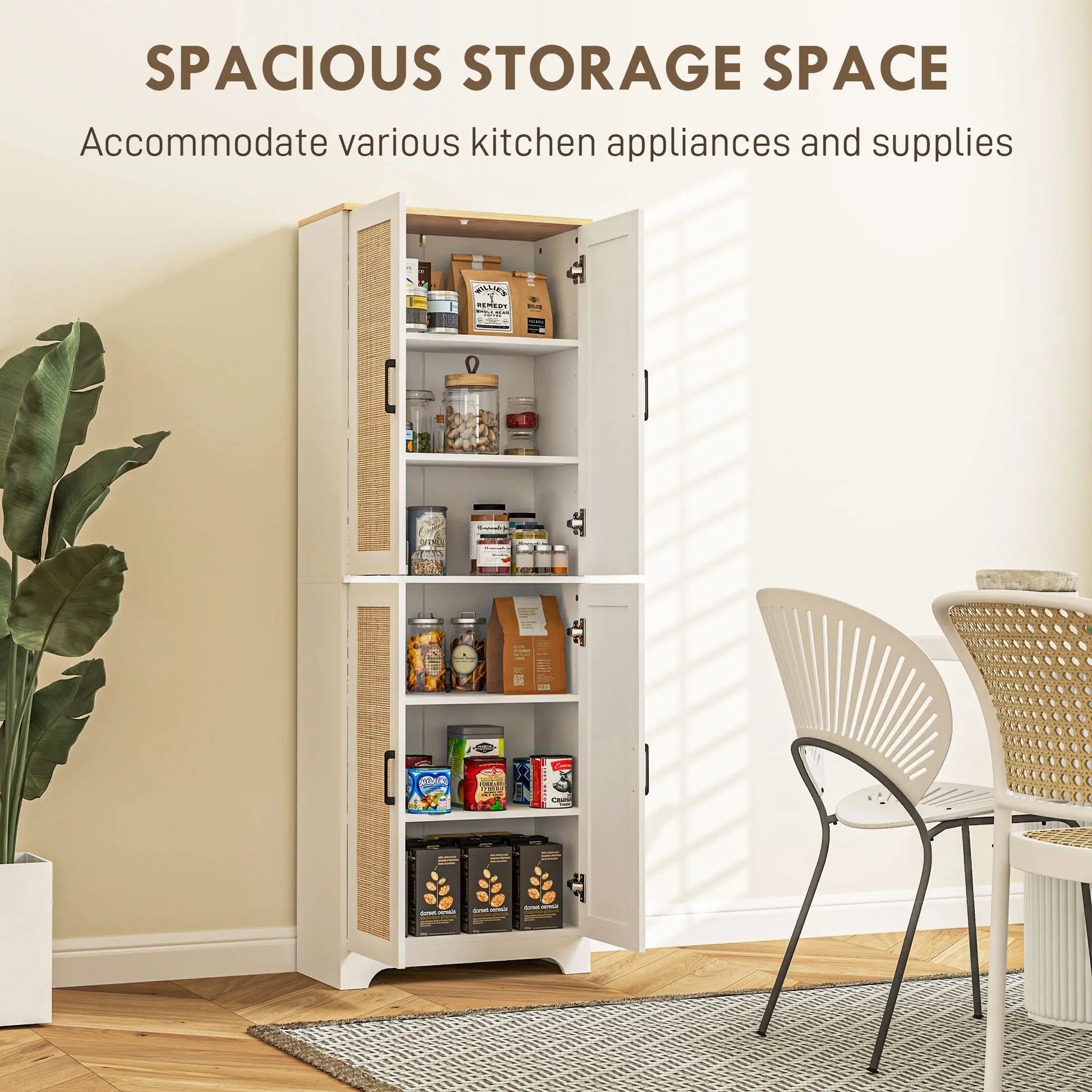 67" Tall Kitchen Pantry, Freestanding Cabinet, 4 Rattan Doors, Adjustable Shelves, White Storage Cabinets at Gallery Canada