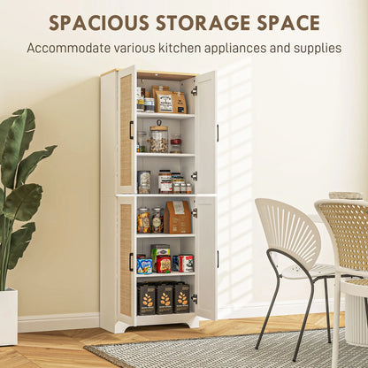 67" Tall Kitchen Pantry, Freestanding Cabinet, 4 Rattan Doors, Adjustable Shelves, White Storage Cabinets at Gallery Canada