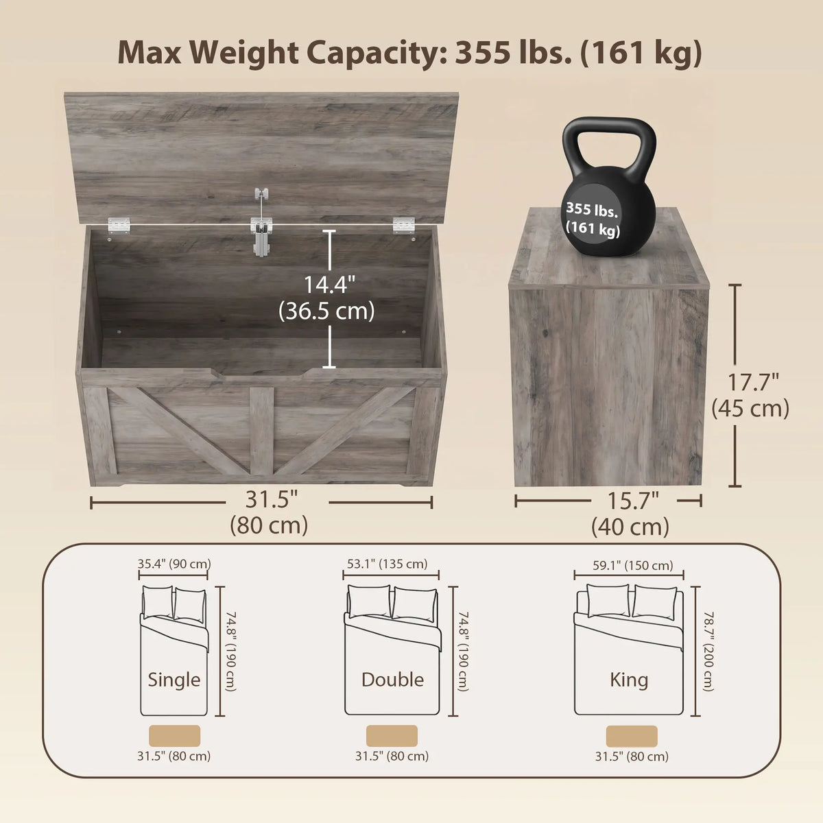 31.5" Storage Chest with Safety Hinge, Grey Wood Grain, Grey