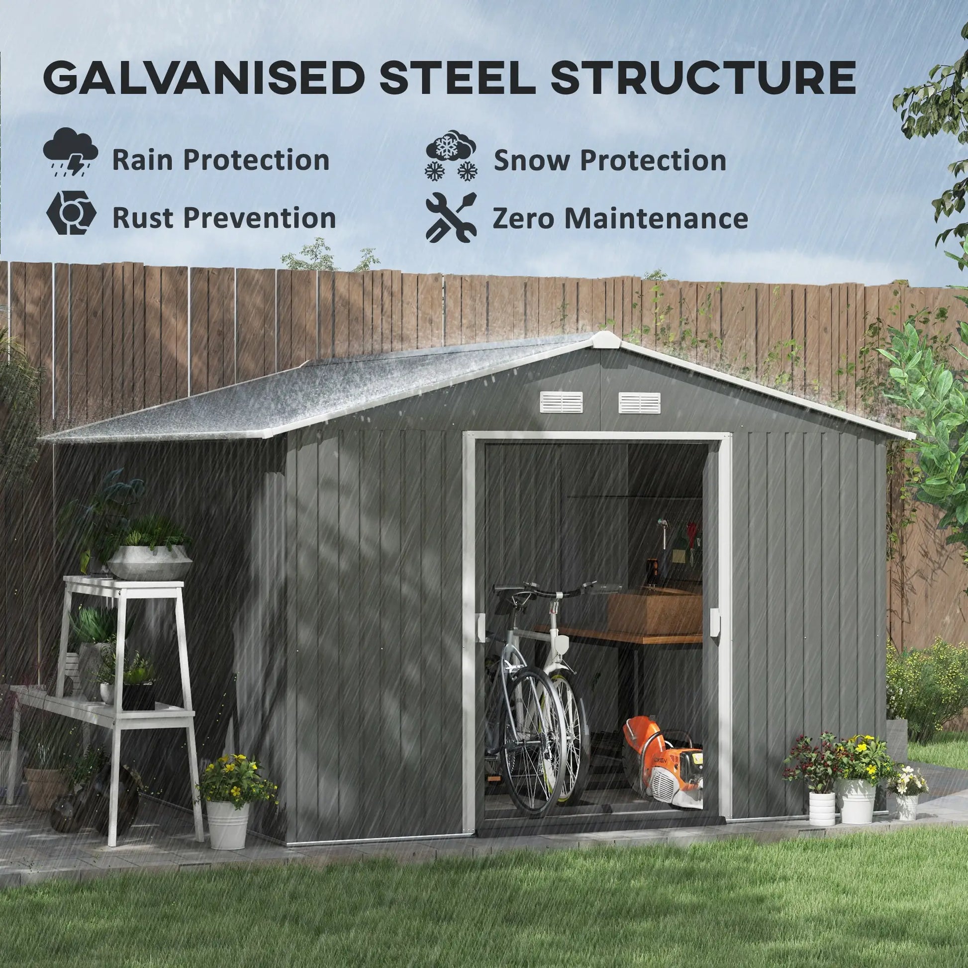 9' x 10.6' Garden Storage Shed, Foundation Kit, Double Doors, Light Grey Sheds at Gallery Canada