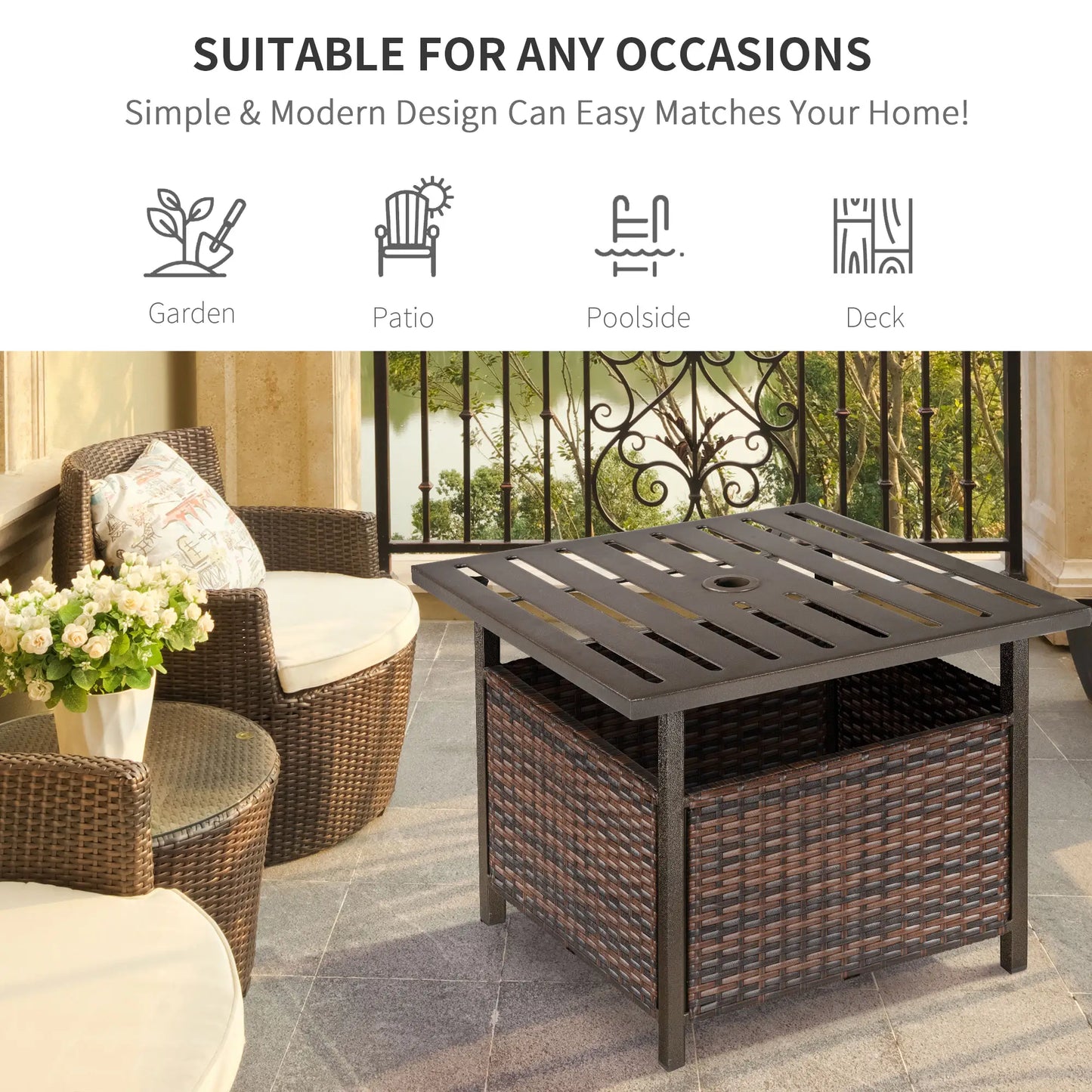 21.75" Outdoor Rattan Coffee Table, Umbrella Hole, Slatted Metal Top, Brown Patio Side Tables at Gallery Canada