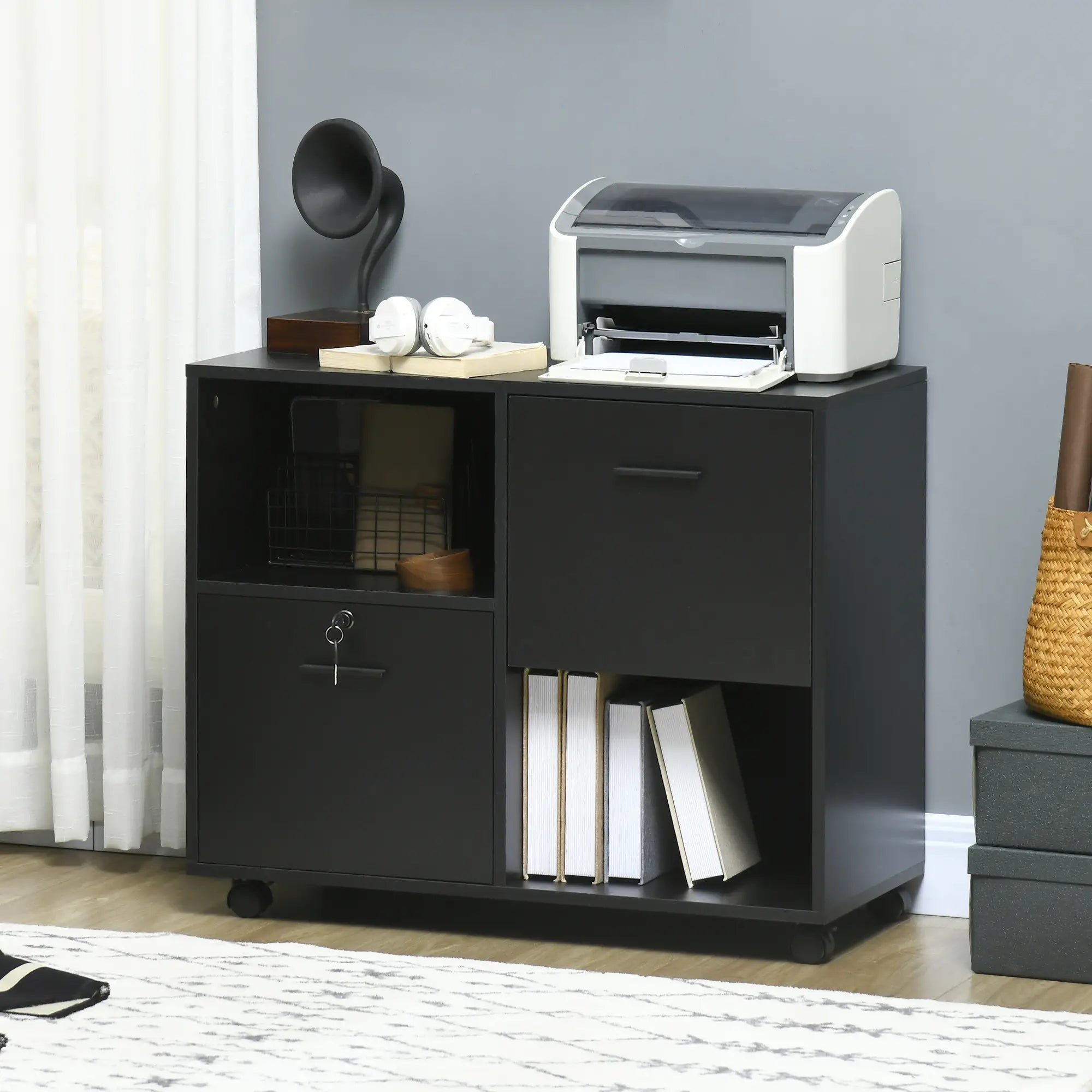Mobile Printer Stand, Lateral File Cabinet with Lock, A4 Size, Black Office Cabinets & Cupboards at Gallery Canada