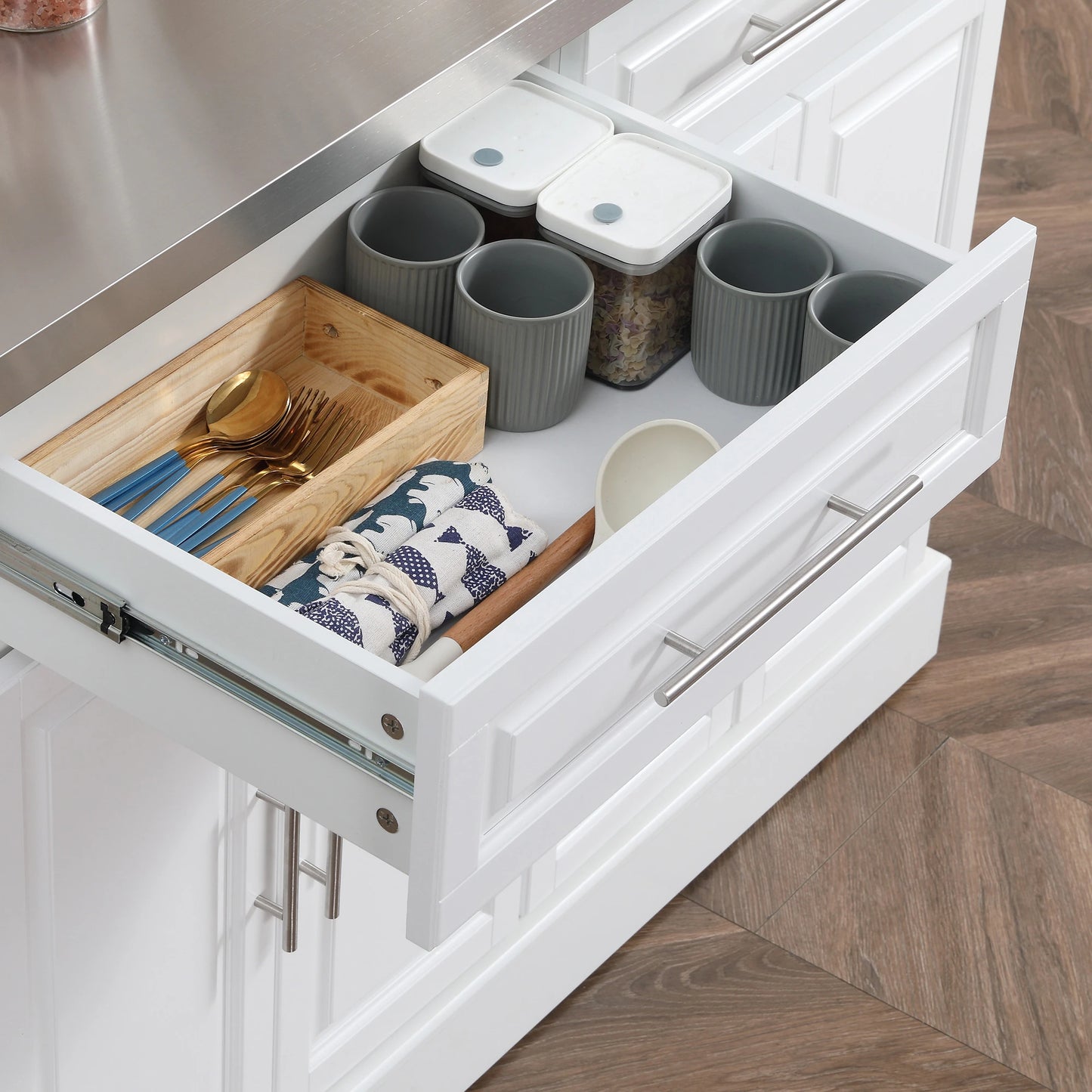 Rolling Kitchen Island with Storage, Stainless Steel Top, Drawers, Cabinets Kitchen Islands & Kitchen Carts at Gallery Canada