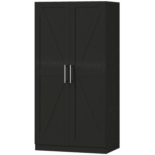 Barn Door Wardrobe Cabinet, 2 Doors With Hanging Rod, Wood Effect, Black