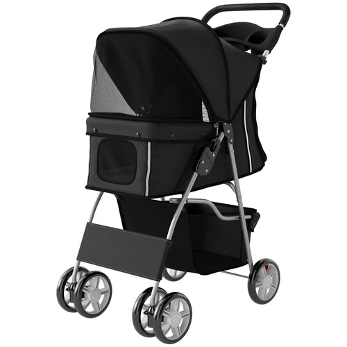 Foldable Pet Stroller With 360° Swivel Wheels, Reflective Strips, Black