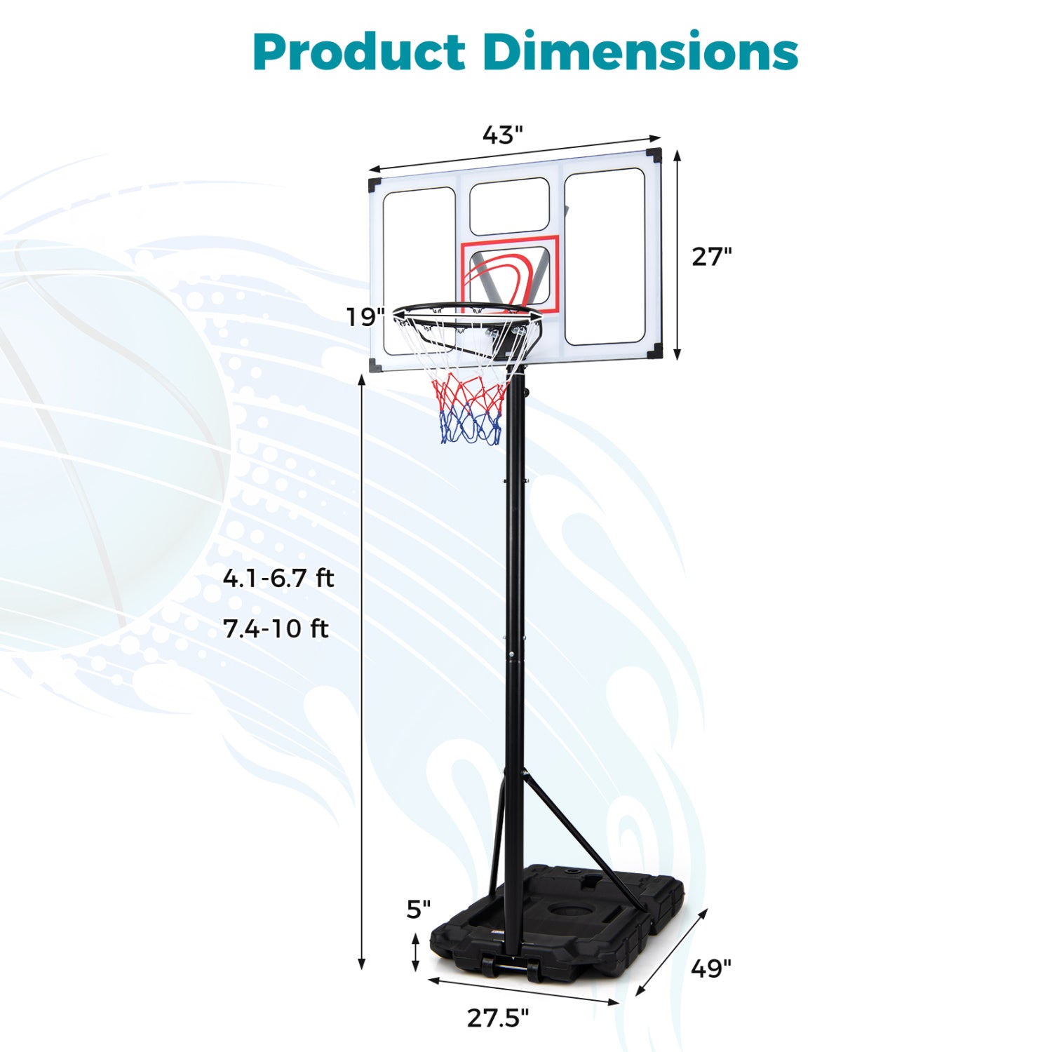 Basketball Hoop, 4.1-10 Ft Adjustable, Heavy Duty Base Sport Equipments at Gallery Canada