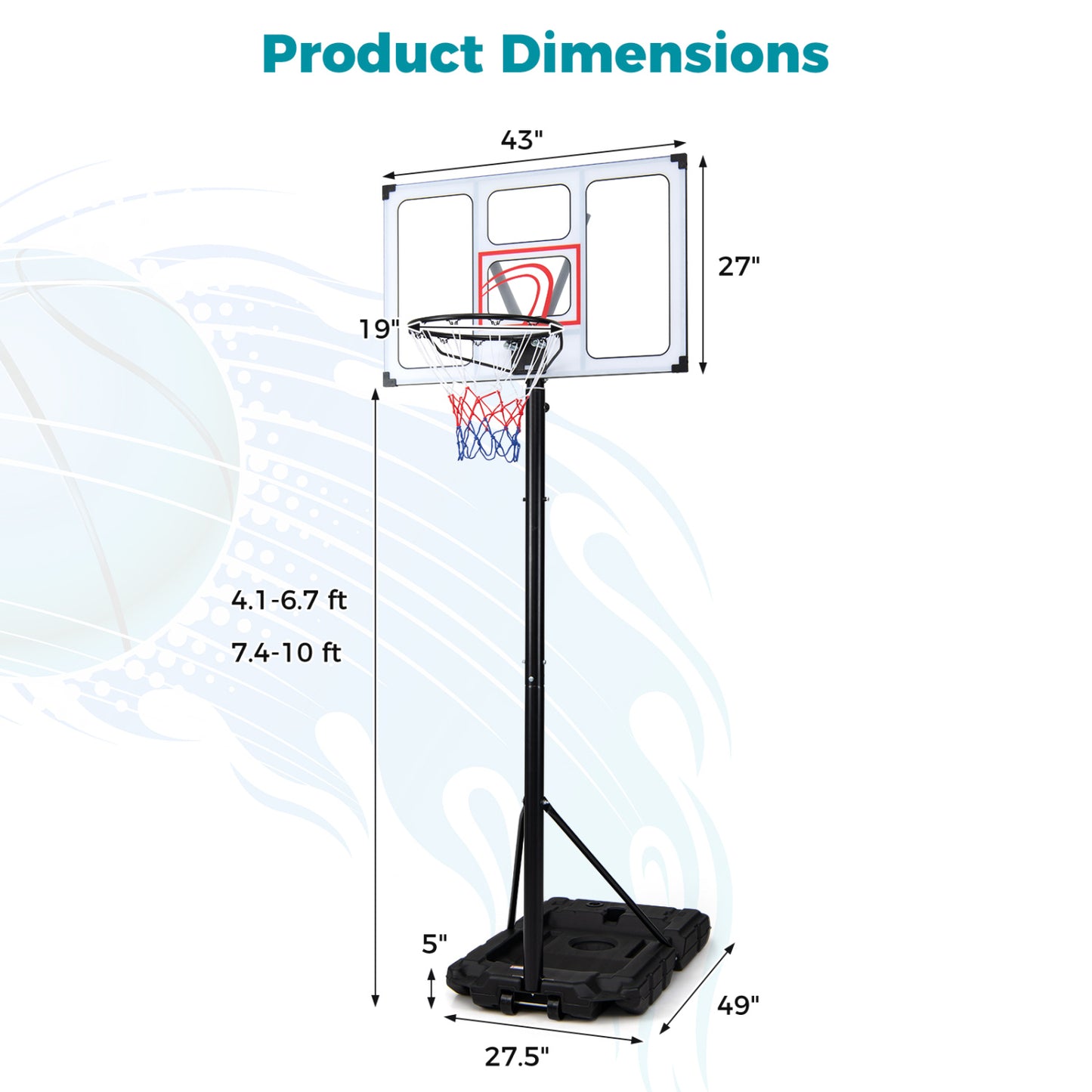 Basketball Hoop, 4.1-10 Ft Adjustable, Heavy Duty Base Sport Equipments at Gallery Canada