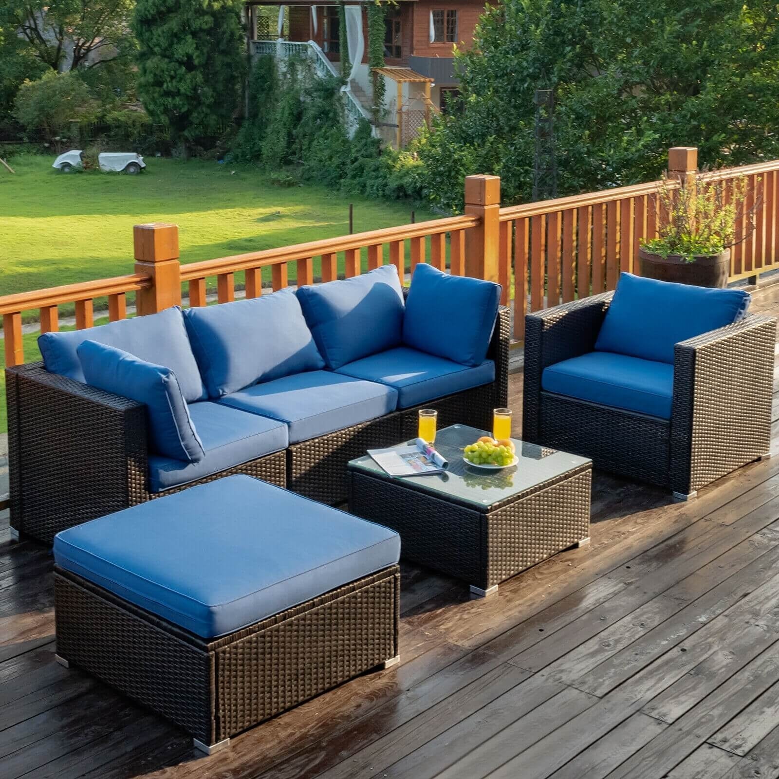 6 Pieces Patio Rattan Furniture Set with Sectional Cushion, Blue Outdoor Sectionals at Gallery Canada