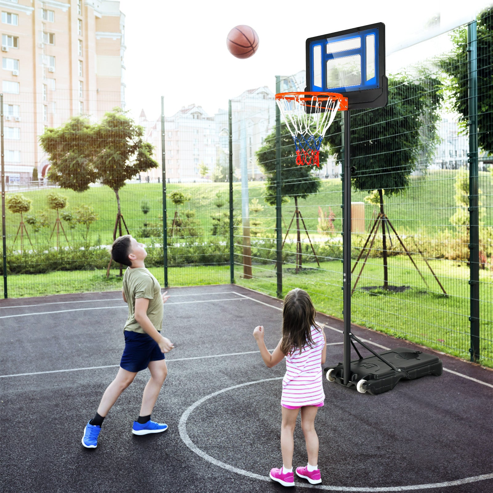 4.3-8.2 Ft Portable Basketball Hoop, Adjustable Height, Wheels, Black Blue Sport Equipments at Gallery Canada