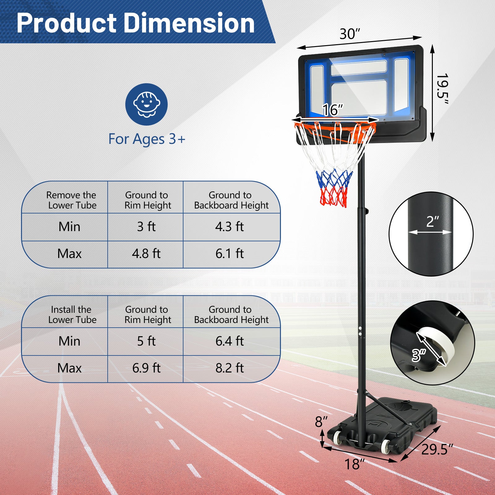 4.3-8.2 Ft Portable Basketball Hoop, Adjustable Height, Wheels, Black Blue Sport Equipments at Gallery Canada