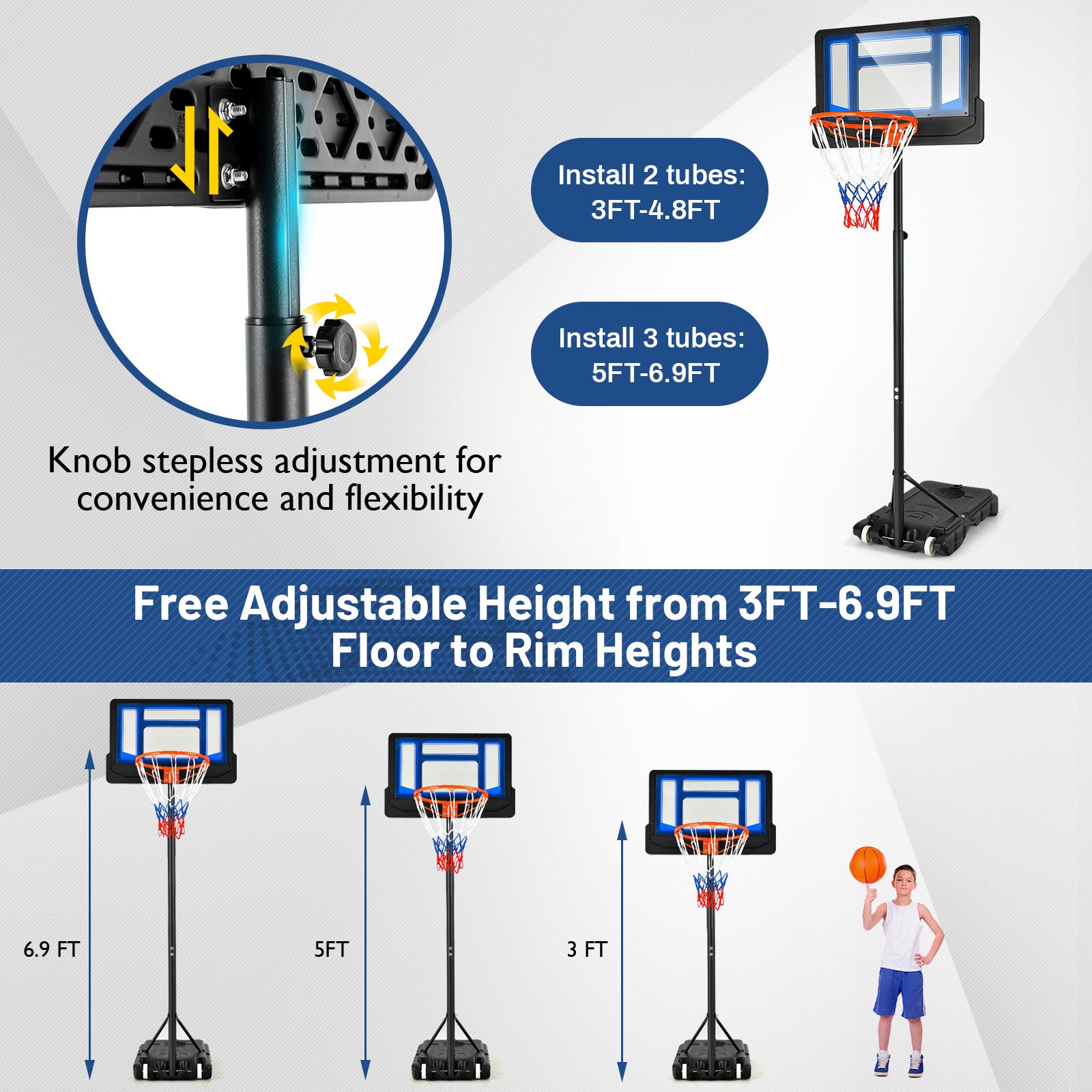 4.3-8.2 Ft Portable Basketball Hoop, Adjustable Height, Wheels, Black Blue Sport Equipments at Gallery Canada