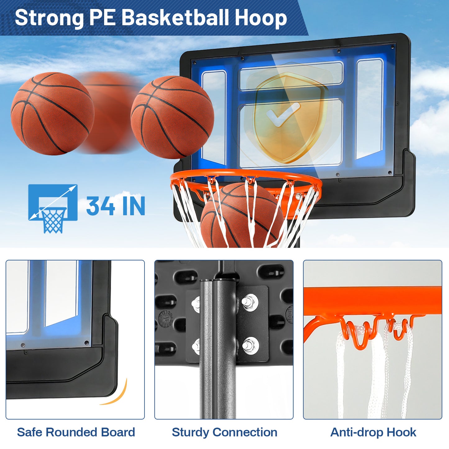 4.3-8.2 Ft Portable Basketball Hoop, Adjustable Height, Wheels, Black Blue Sport Equipments at Gallery Canada