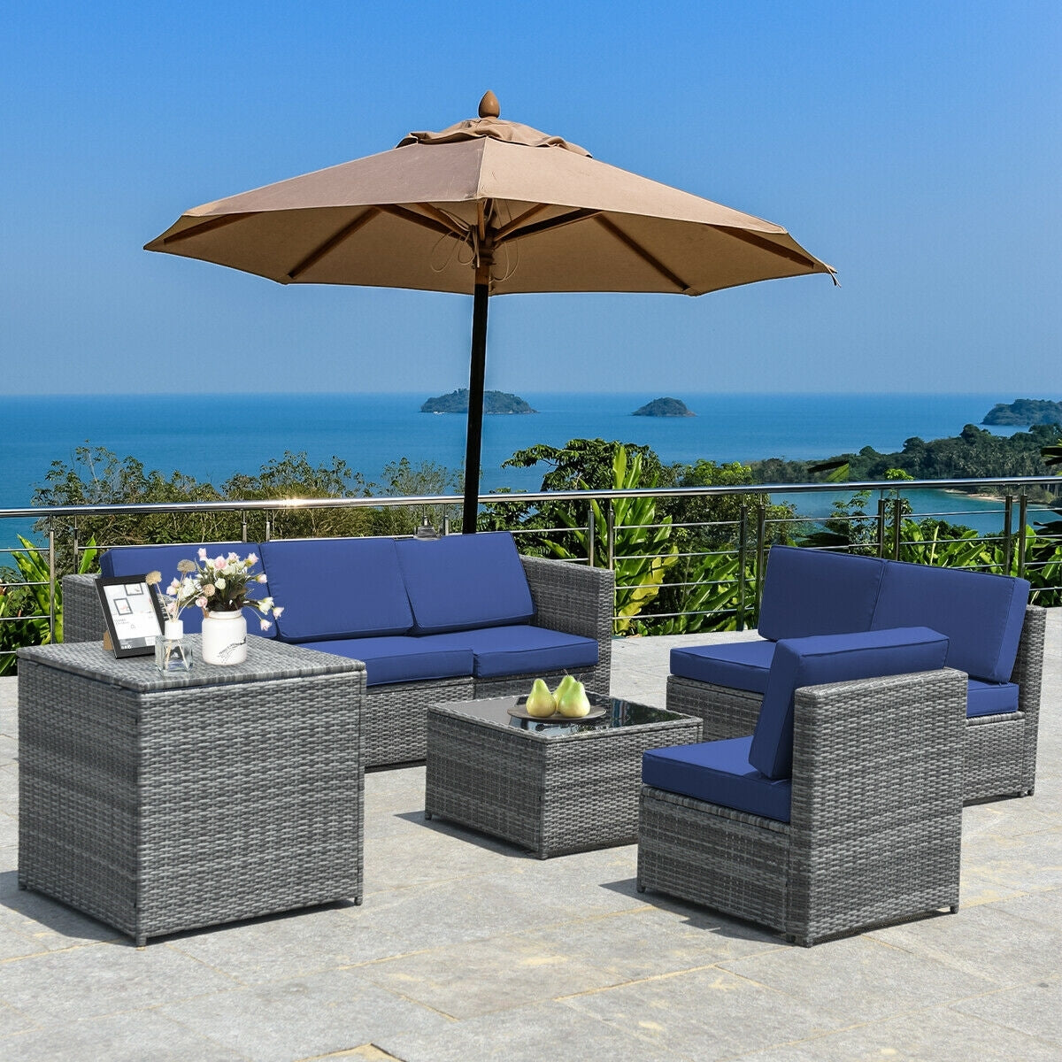 8 Piece Wicker Rattan Sofa Dining Set, With Storage Table, Navy Outdoor Sectionals at Gallery Canada