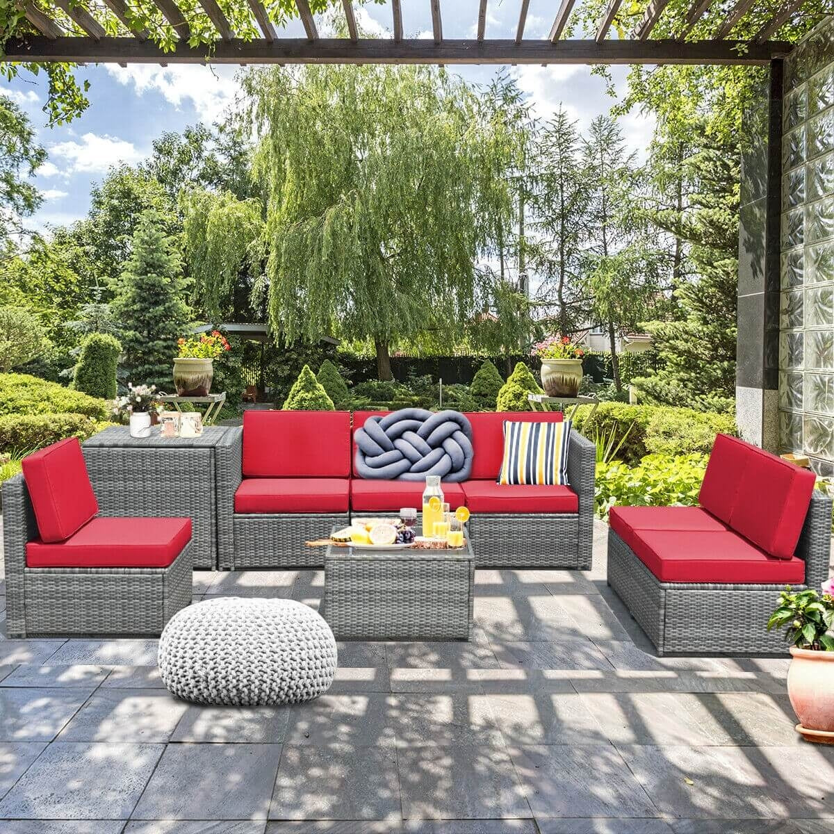 8 Piece Wicker Sofa Rattan Dinning Set Patio Furniture with Storage Table, Red Outdoor Sectionals at Gallery Canada