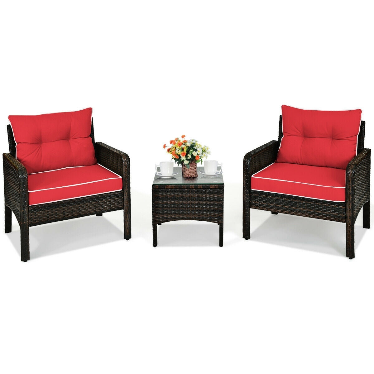 3 Pcs Outdoor Patio Rattan Conversation Set with Seat Cushions, Red Patio Conversation Sets Red at Gallery Canada