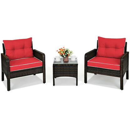 3 Pcs Outdoor Patio Rattan Conversation Set with Seat Cushions, Red Patio Conversation Sets Red at Gallery Canada