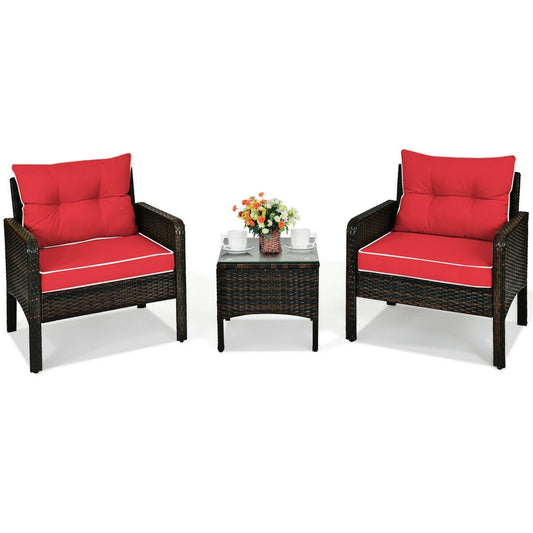 3 Pcs Outdoor Rattan Conversation Set, With Seat Cushions, Red Patio Conversation Sets Red at Gallery Canada