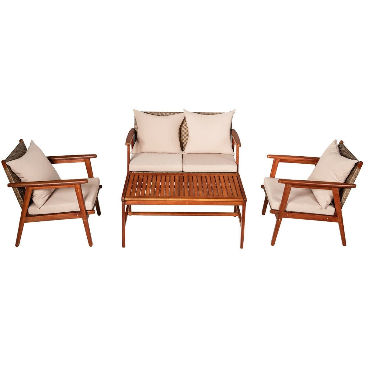 4 Pieces Acacia Wood Patio Rattan Furniture Set, Brown Patio Conversation Sets at Gallery Canada