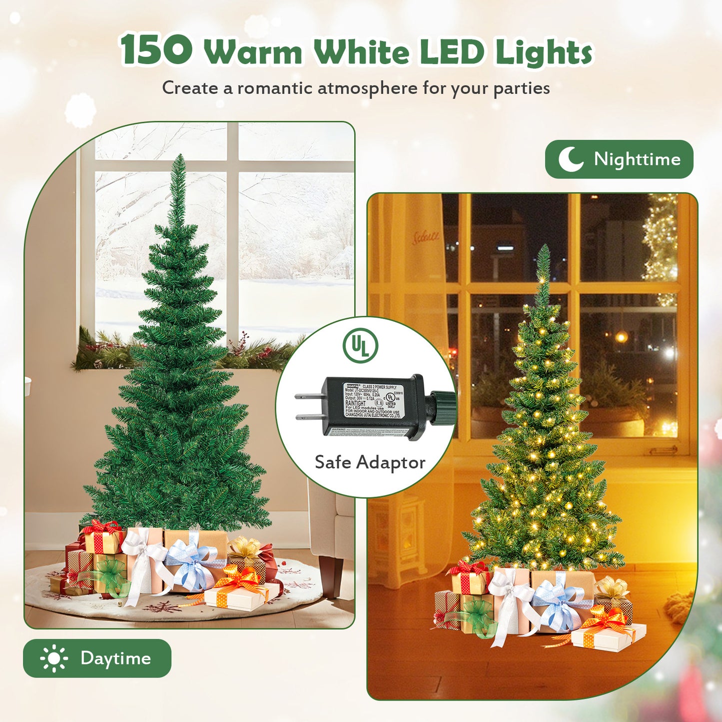 4.5 ft Pre-Lit Artificial Fir Pencil Christmas Tree, LED Warm White, Green Christmas Tree at Gallery Canada