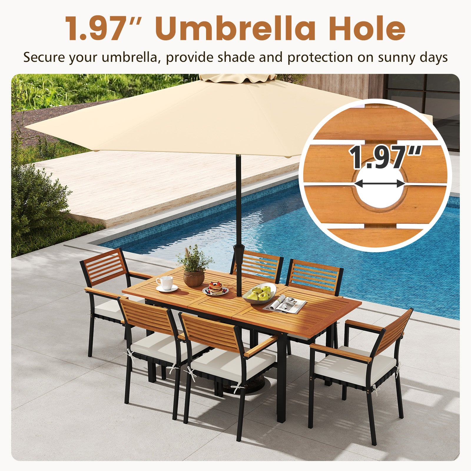4-8 Person Extendable Solid Wood Dining Table with Umbrella Hole Patio Dining Tables at Gallery Canada