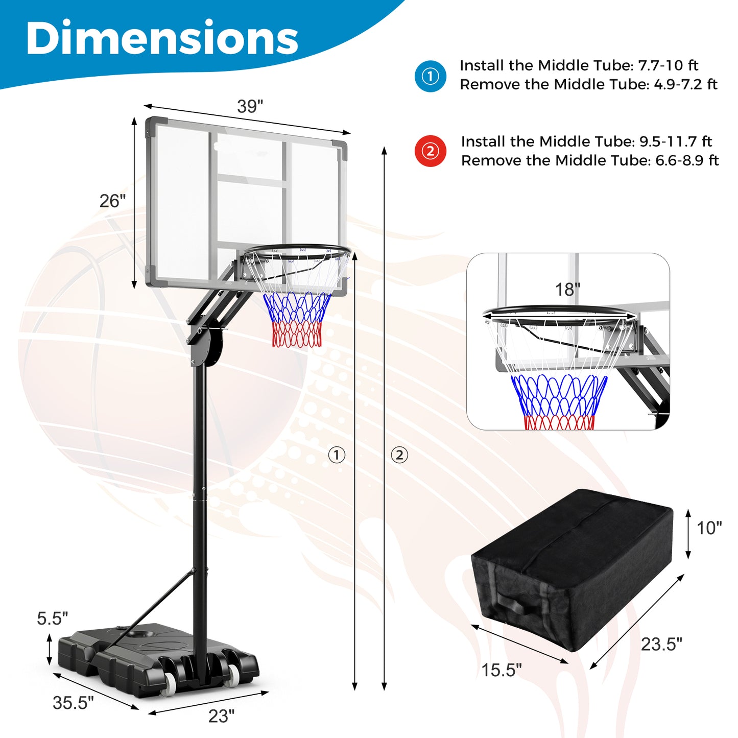 4.9-10 Feet Adjustable Basketball Hoop with Shatterproof Backboard Sport Equipments at Gallery Canada