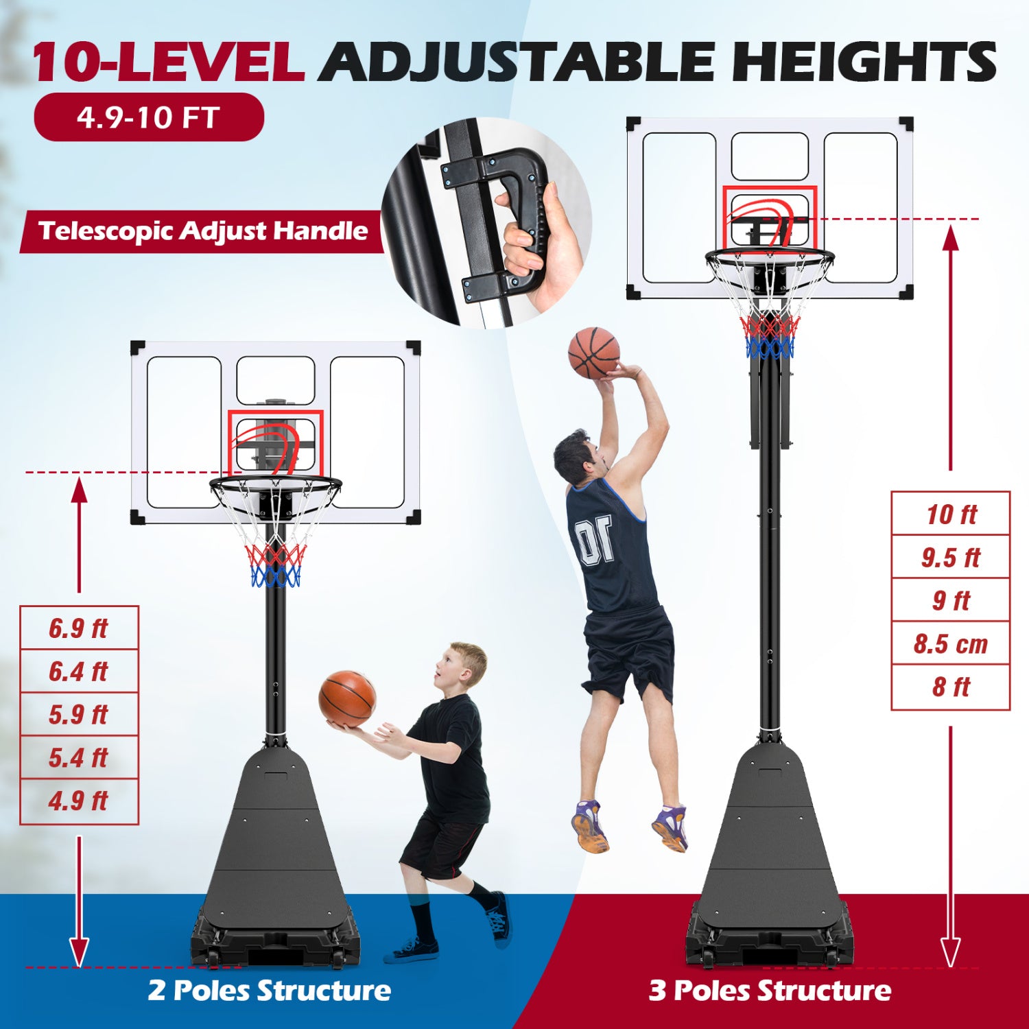 4.9-10 Ft Portable Basketball Hoop, 10 Levels Adjustable, Black & White Sport Equipments at Gallery Canada