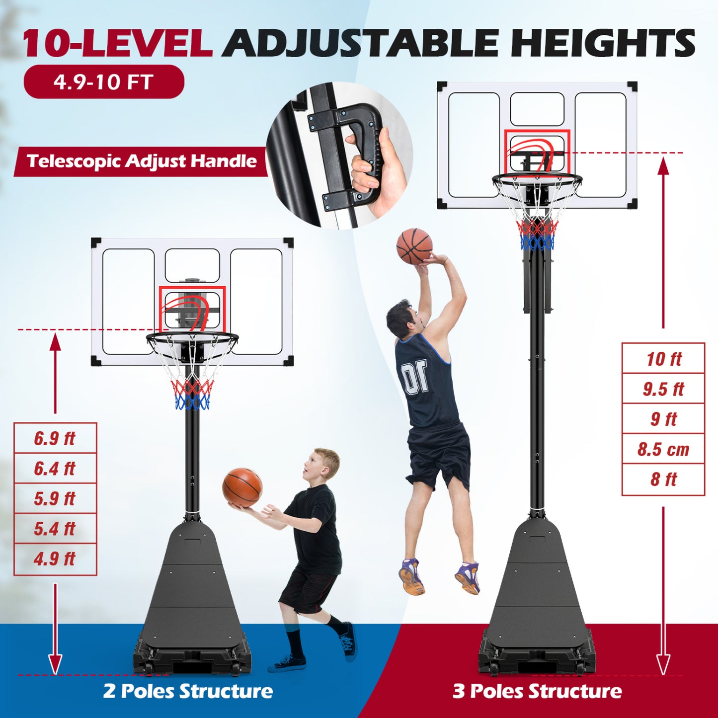 4.9-10 Ft Portable Basketball Hoop, 10 Levels Adjustable, Black & White Sport Equipments at Gallery Canada