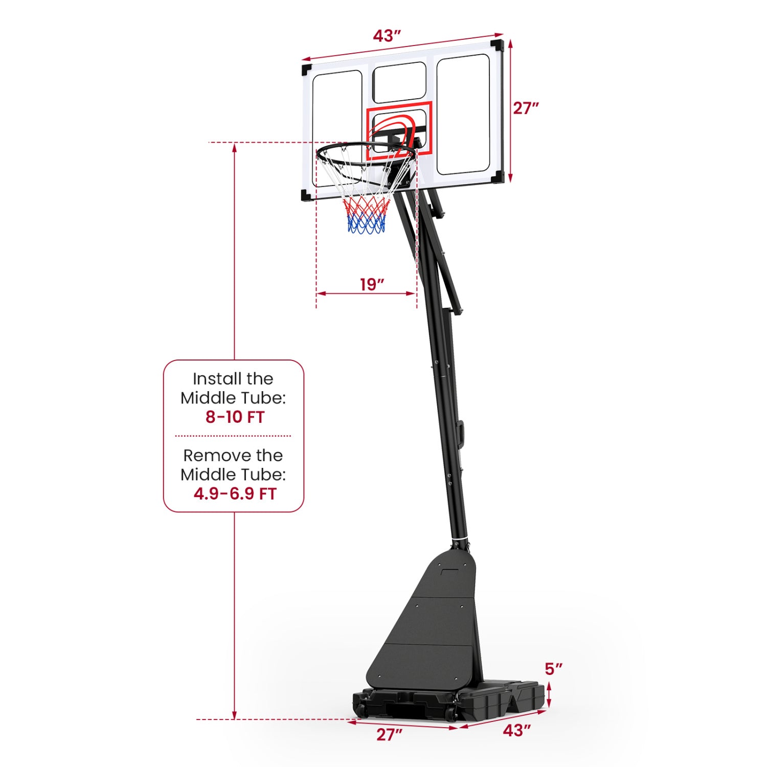 4.9-10 Ft Portable Basketball Hoop, 10 Levels Adjustable, Black & White Sport Equipments at Gallery Canada