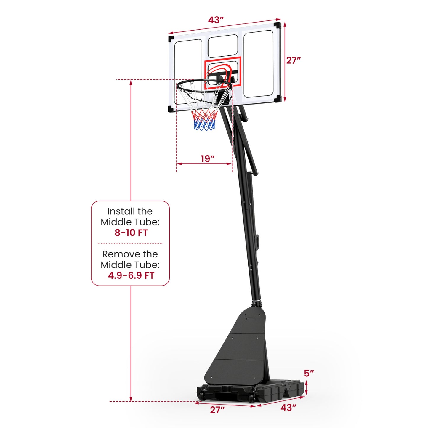4.9-10 Ft Portable Basketball Hoop, 10 Levels Adjustable, Black & White Sport Equipments at Gallery Canada