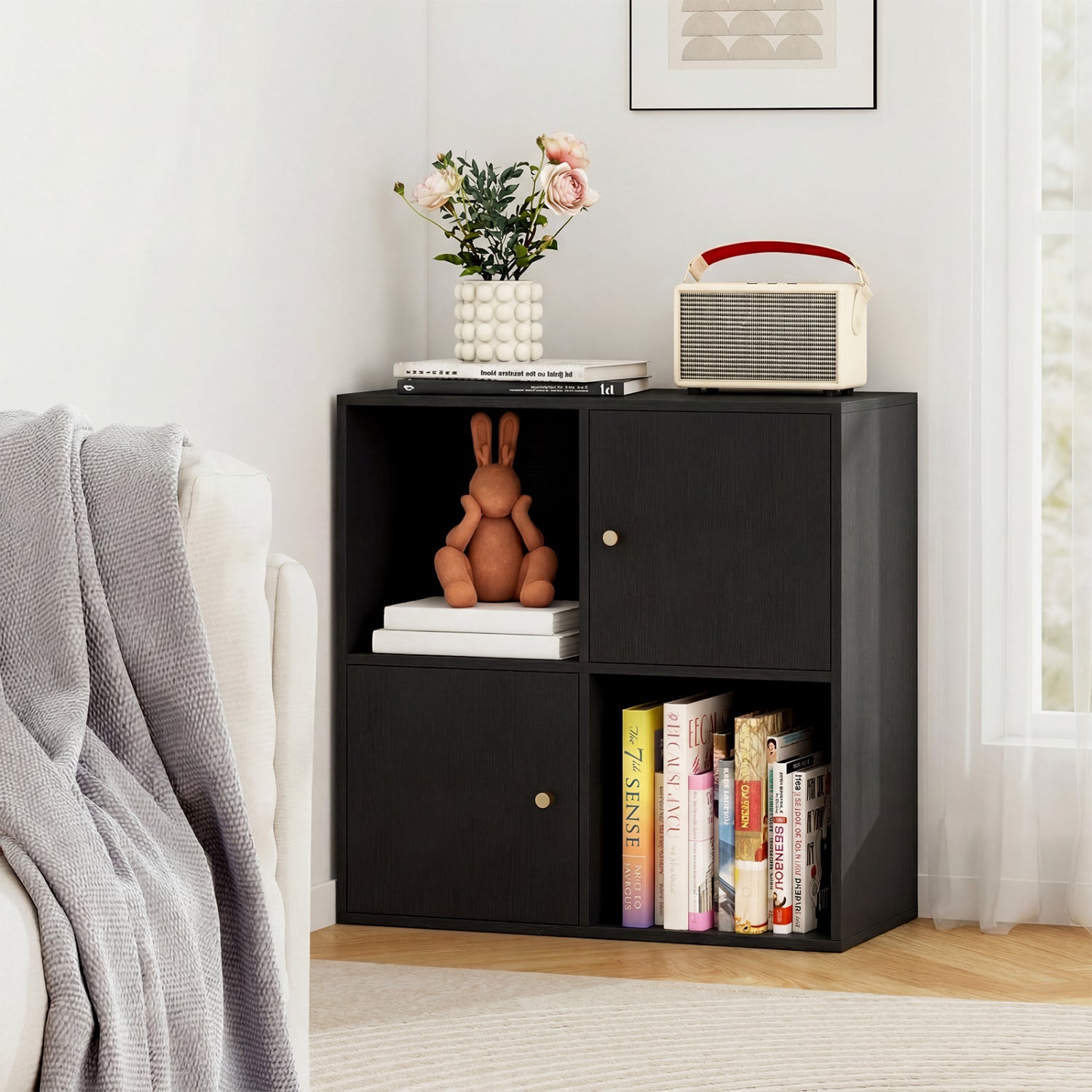4-Cube Bookcase 3-Tier Bookshelf with Dual Anti-Tipping Kits and 2 Cabinets, Black Bookcases at Gallery Canada