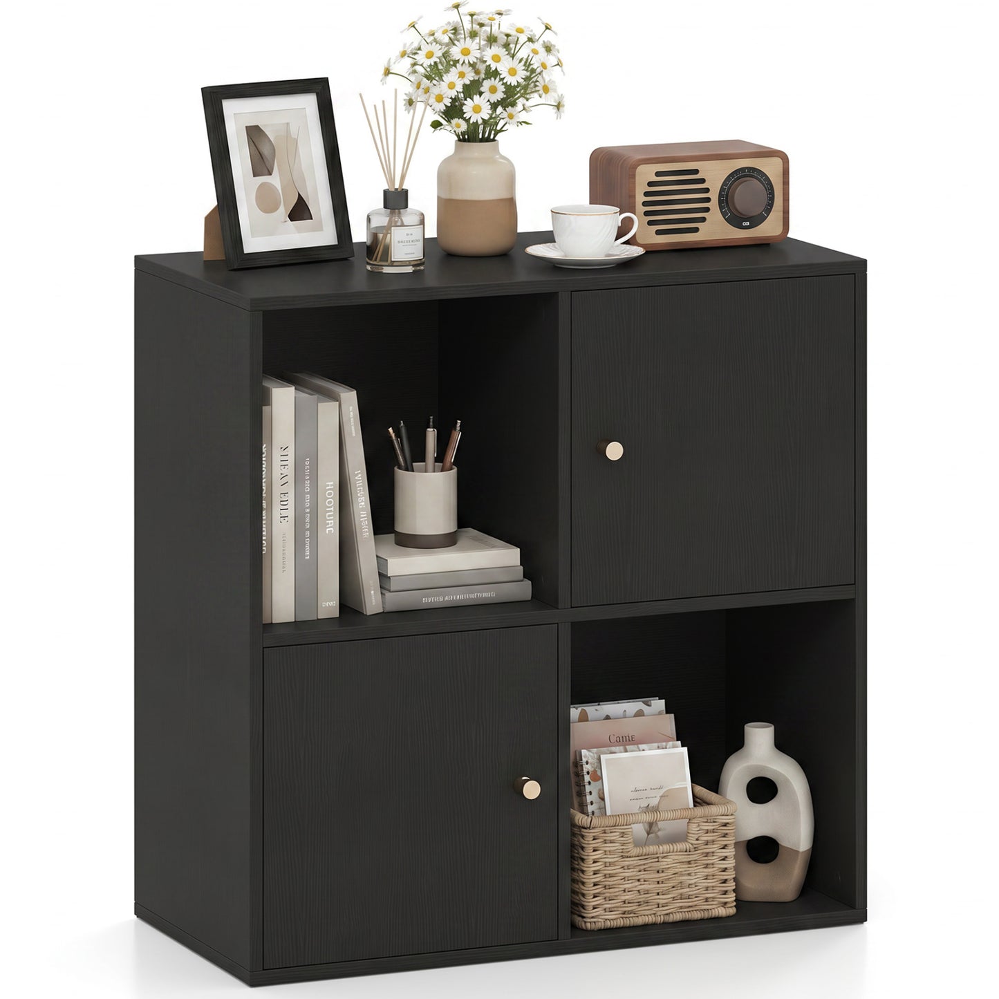 4-Cube Bookcase 3-Tier Bookshelf with Dual Anti-Tipping Kits and 2 Cabinets, Black Bookcases Black at Gallery Canada