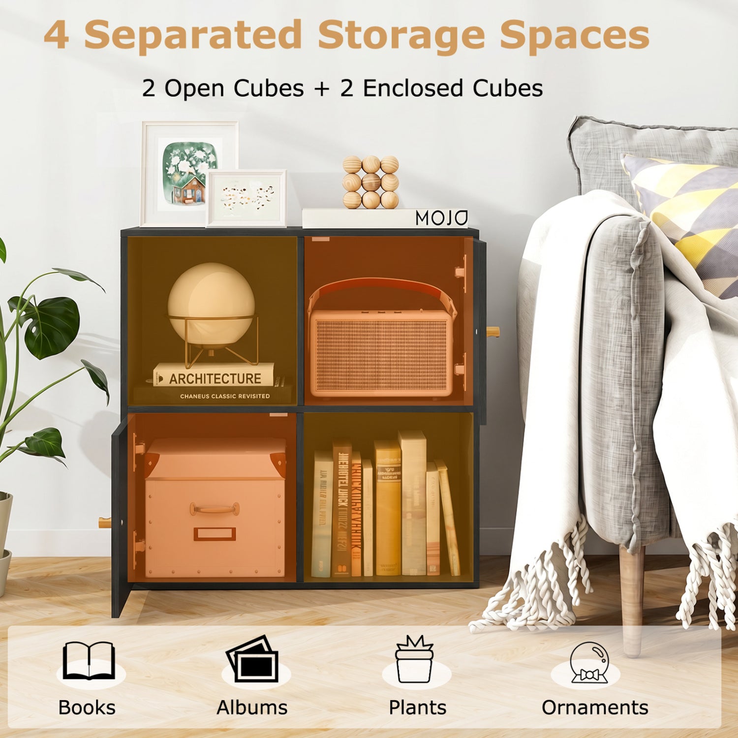 4-Cube Bookcase 3-Tier Bookshelf with Dual Anti-Tipping Kits and 2 Cabinets, Black Bookcases at Gallery Canada