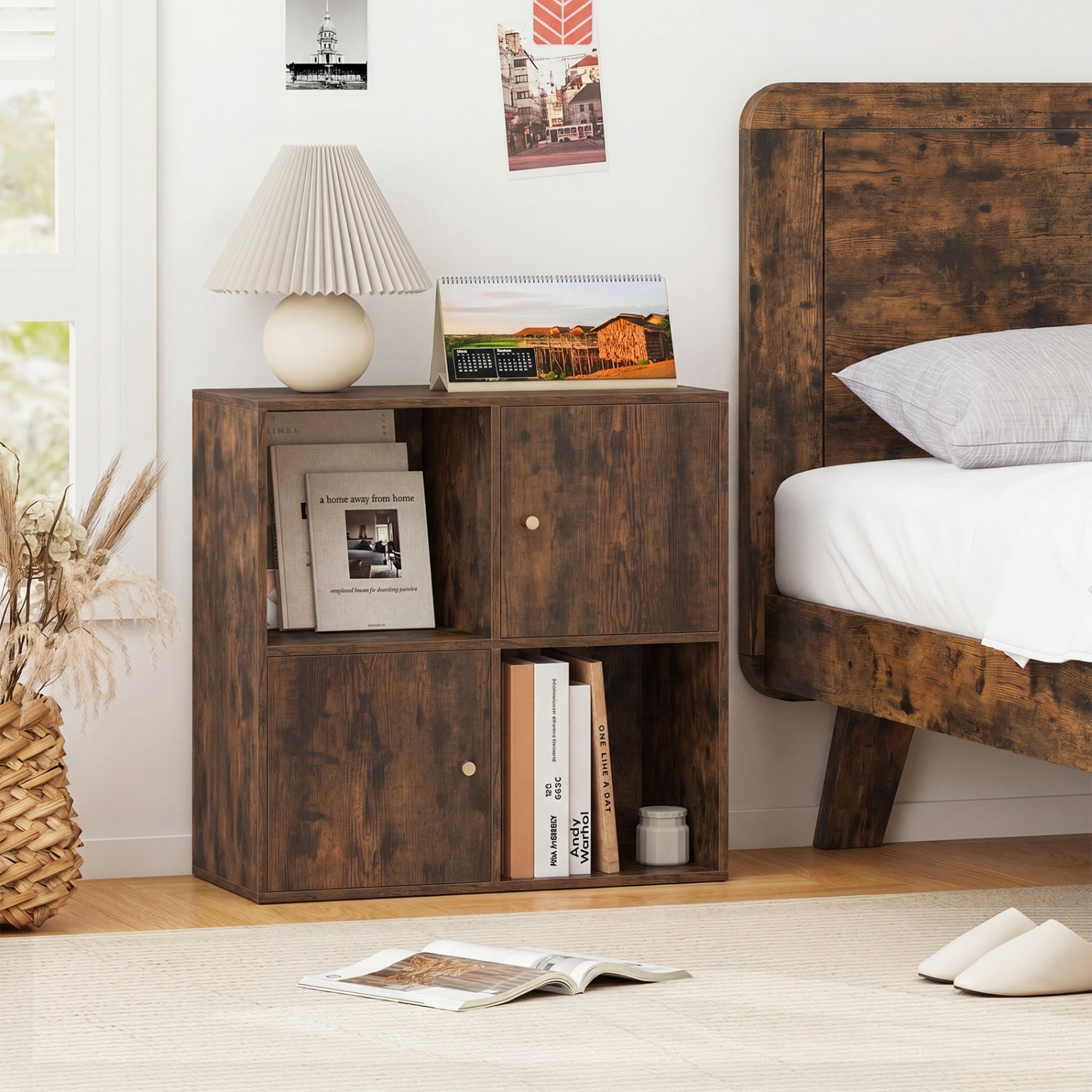 4-Cube Bookcase 3-Tier Bookshelf with Dual Anti-Tipping Kits and 2 Cabinets, Brown Bookcases at Gallery Canada