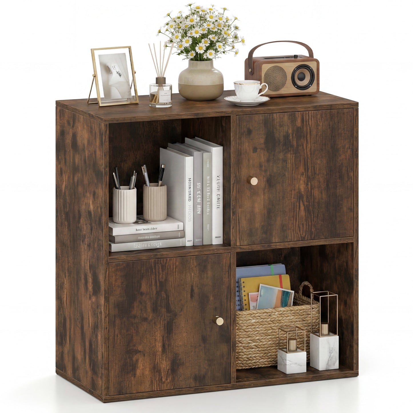 4-Cube Bookcase 3-Tier Bookshelf with Dual Anti-Tipping Kits and 2 Cabinets, Brown Bookcases Brown at Gallery Canada
