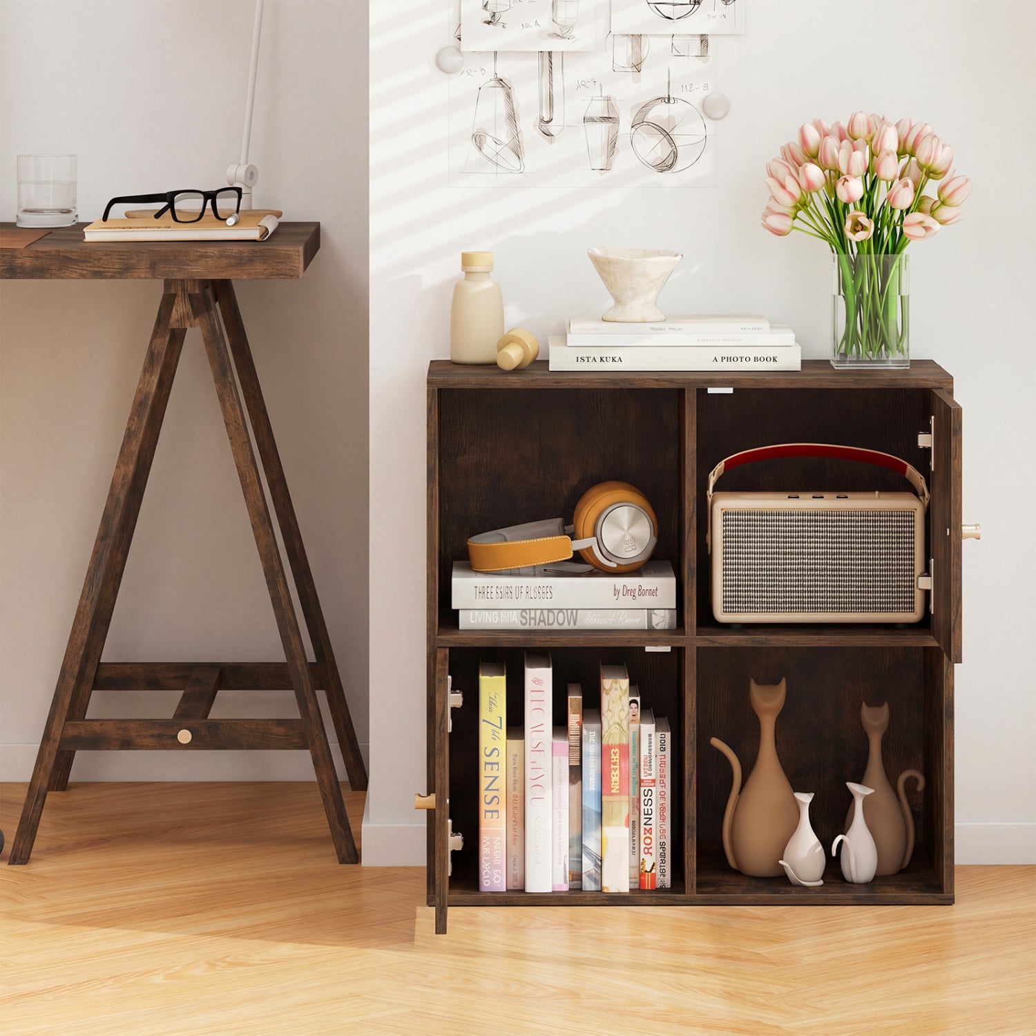 4-Cube Bookcase 3-Tier Bookshelf with Dual Anti-Tipping Kits and 2 Cabinets, Brown Bookcases at Gallery Canada