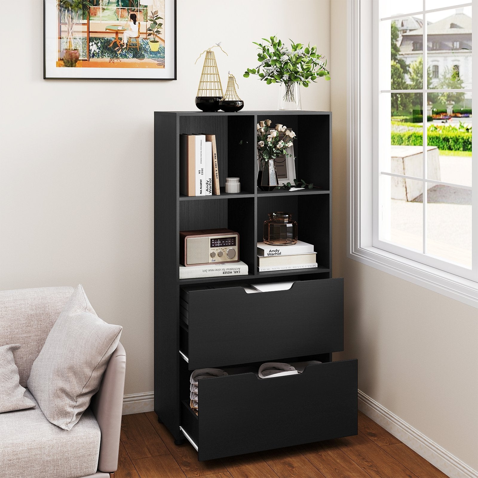 4-Cube Bookcase with 2 Drawers 51 inch 5-Tier Tall Freestanding Bookshelf, Black Bookcases at Gallery Canada