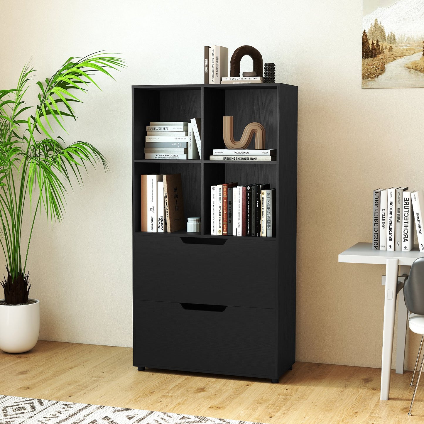 4-Cube Bookcase with 2 Drawers 51 inch 5-Tier Tall Freestanding Bookshelf, Black Bookcases at Gallery Canada