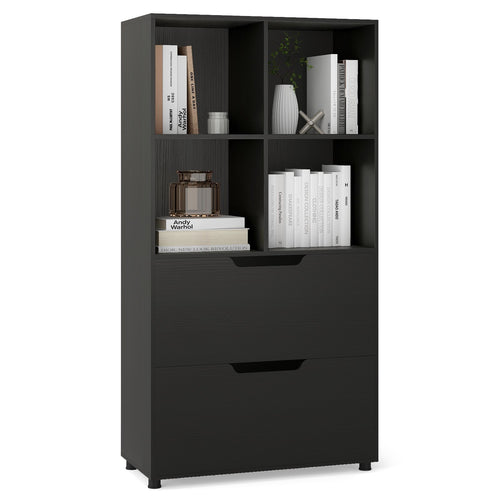 4-Cube Bookcase with 2 Drawers 51 inch 5-Tier Tall Freestanding Bookshelf, Black