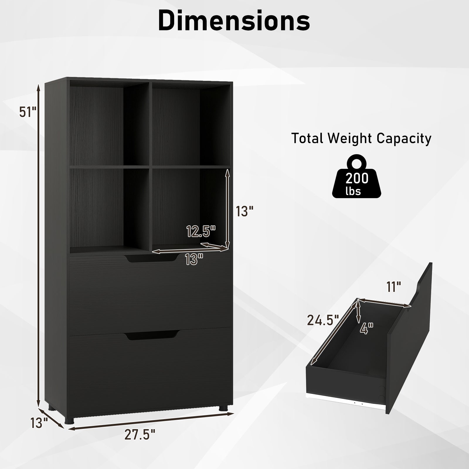 4-Cube Bookcase with 2 Drawers 51 inch 5-Tier Tall Freestanding Bookshelf, Black Bookcases at Gallery Canada