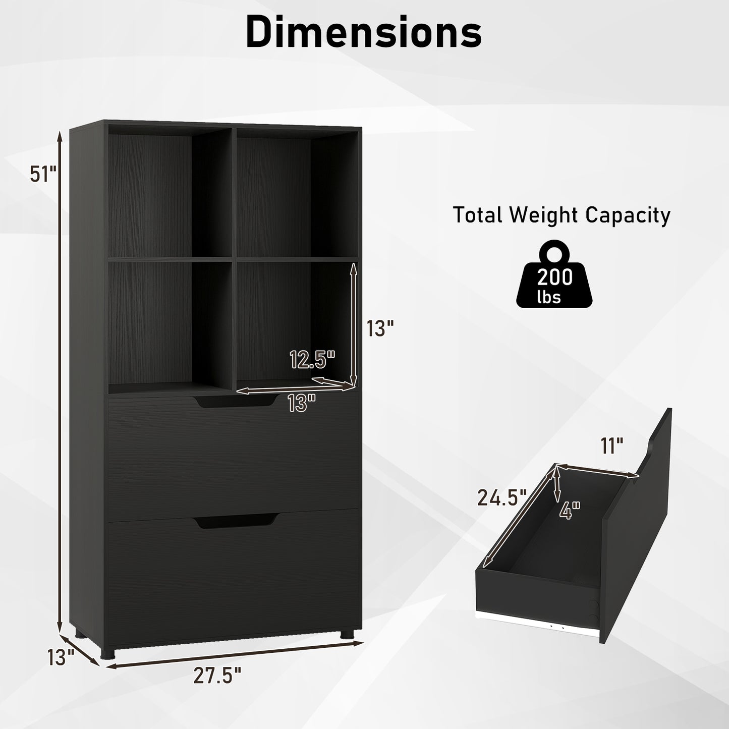4-Cube Bookcase with 2 Drawers 51 inch 5-Tier Tall Freestanding Bookshelf, Black Bookcases at Gallery Canada
