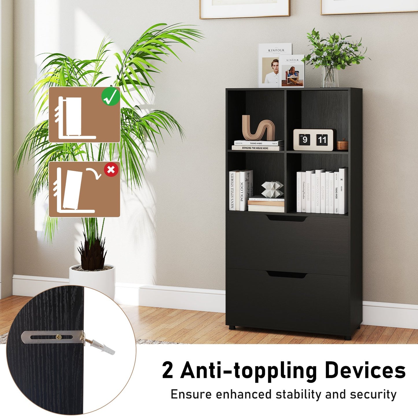 4-Cube Bookcase with 2 Drawers 51 inch 5-Tier Tall Freestanding Bookshelf, Black Bookcases at Gallery Canada