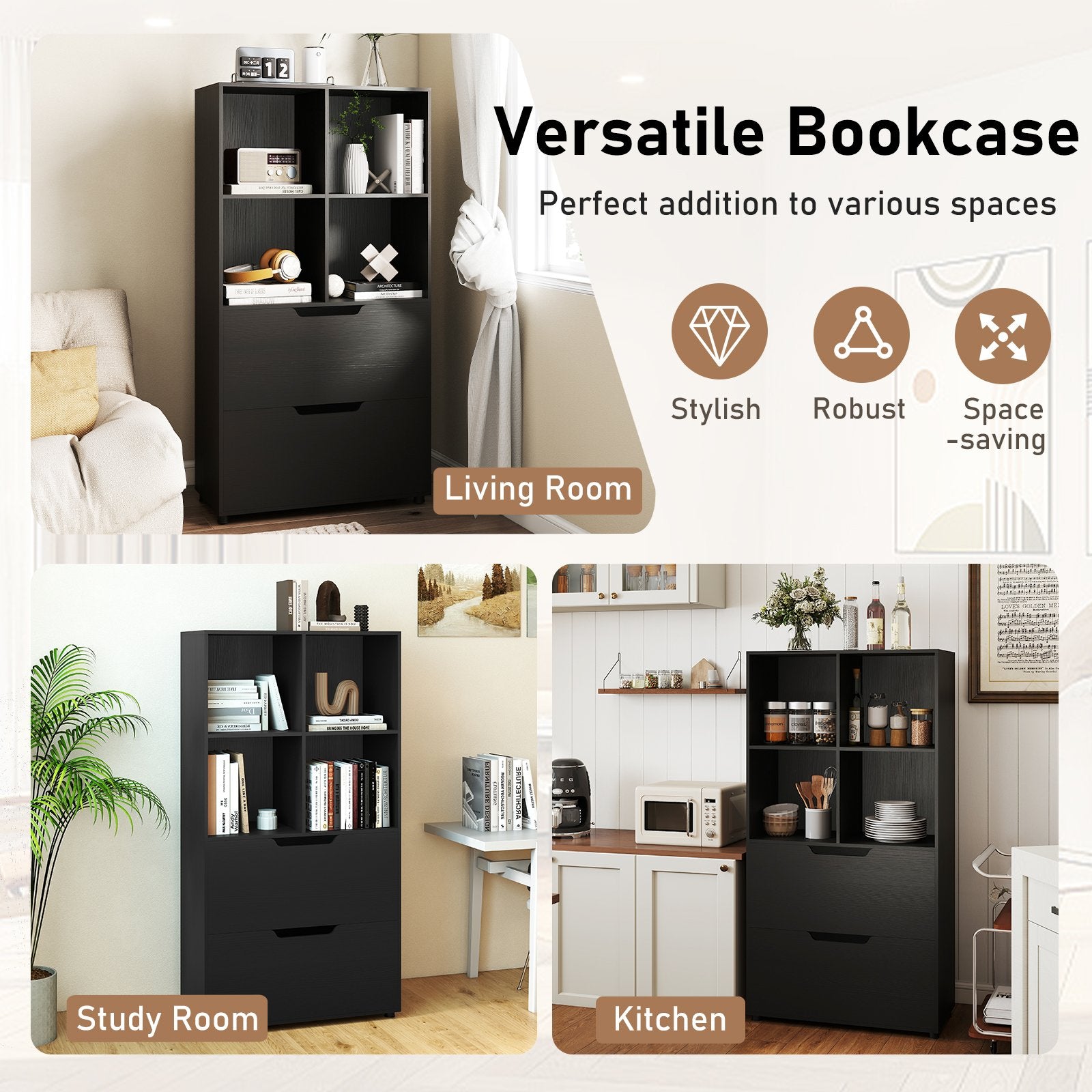 4-Cube Bookcase with 2 Drawers 51 inch 5-Tier Tall Freestanding Bookshelf, Black Bookcases at Gallery Canada