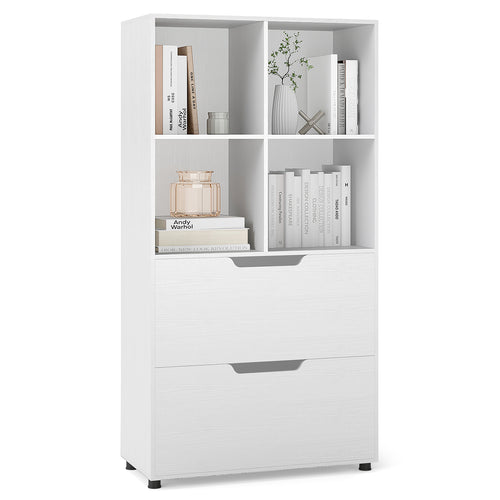4-Cube Bookcase With 2 Drawers, 51 Inch, 5-Tier Bookshelf, White