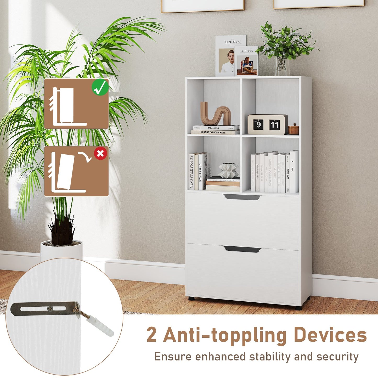 4-Cube Bookcase with 2 Drawers 51 inch 5-Tier Tall Freestanding Bookshelf, White Bookcases at Gallery Canada