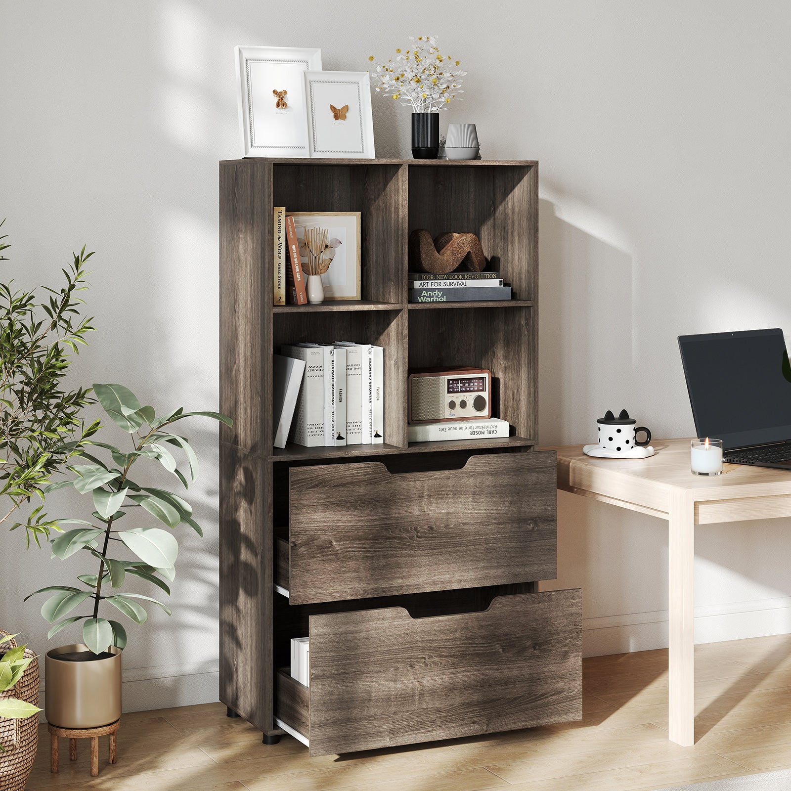 4-Cube Bookcase with 2 Drawers 51 inch 5-Tier Tall Freestanding Bookshelf, Gray Bookcases at Gallery Canada